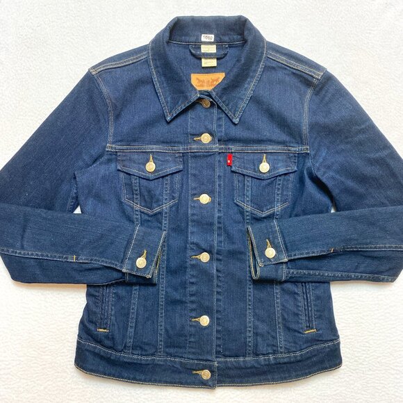 Levi's Trucker Denim Jean Jacket Women's M Dark Blue Stretch - Picture 1 of 11